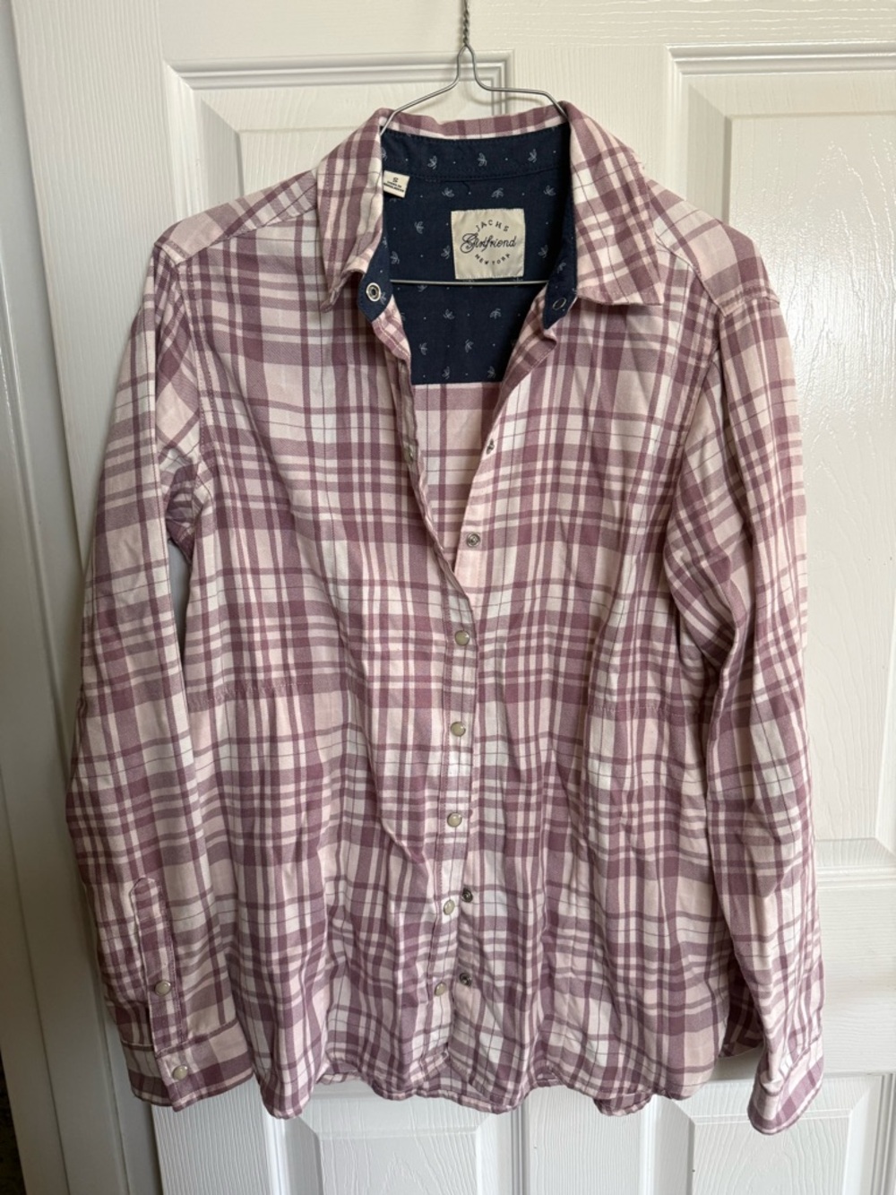 Jachs Girlfriend Pink/Purple Plaid Button-Up Shirt with Navy Inner Lining